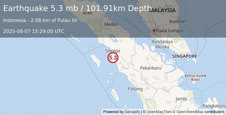 Earthquake 53 km WSW of Padangsidempuan, Indonesia (5.3 mb) (2025-08-07 15:29:00 UTC)