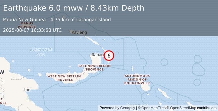 Earthquake 76 km E of Kokopo, Papua New Guinea (6.0 mww) (2025-08-07 16:33:58 UTC)