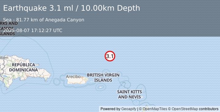 Earthquake 185 km NNE of Cruz Bay, U.S. Virgin Islands (3.1 ml) (2025-08-07 17:12:27 UTC)