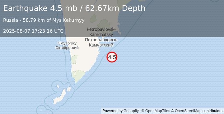 Earthquake 109 km SE of Vilyuchinsk, Russia (4.5 mb) (2025-08-07 17:23:16 UTC)