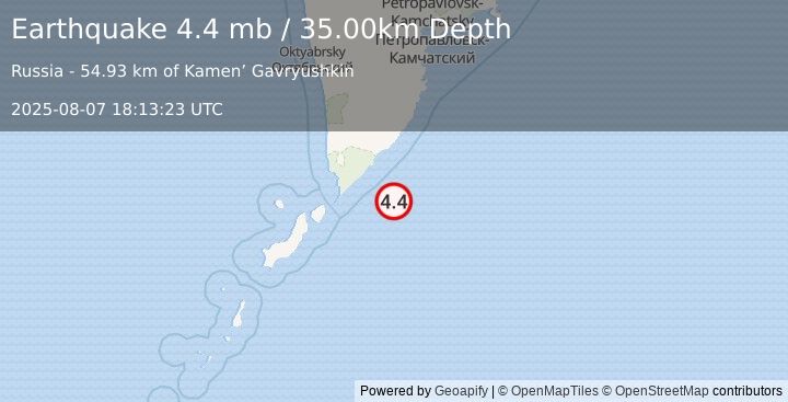 Earthquake 116 km SE of Ozernovskiy, Russia (4.4 mb) (2025-08-07 18:13:23 UTC)