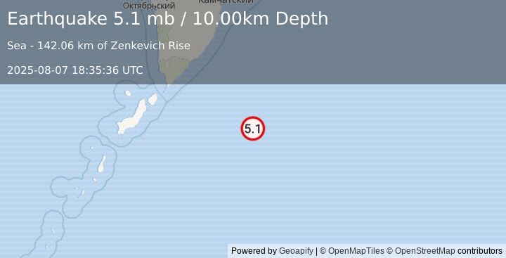 Earthquake 246 km ESE of Severo-Kuril’sk, Russia (5.1 mb) (2025-08-07 18:35:36 UTC)