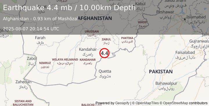 Earthquake 63 km S of Qalāt, Afghanistan (4.4 mb) (2025-08-07 20:14:54 UTC)
