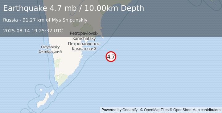 Earthquake 153 km ESE of Petropavlovsk-Kamchatsky, Russia (4.7 mb) (2025-08-14 19:25:32 UTC)