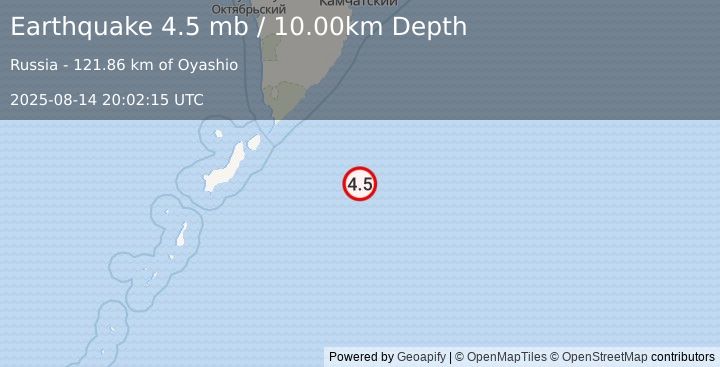Earthquake 190 km ESE of Severo-Kuril’sk, Russia (4.5 mb) (2025-08-14 20:02:15 UTC)