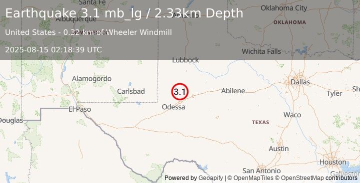 Earthquake 36 km WSW of Ackerly, Texas (3.1 mb_lg) (2025-08-15 02:18:39 UTC)