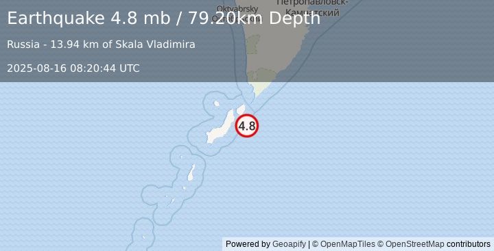 Earthquake 41 km SE of Severo-Kuril’sk, Russia (4.8 mb) (2025-08-16 08:20:44 UTC)
