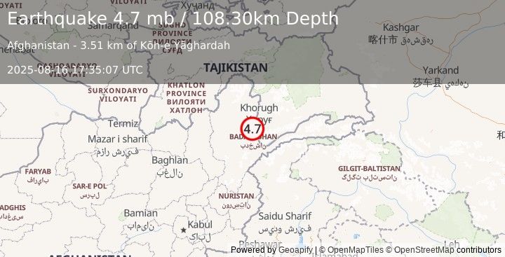 Earthquake 45 km SSW of Khorugh, Tajikistan (4.7 mb) (2025-08-16 17:35:07 UTC)
