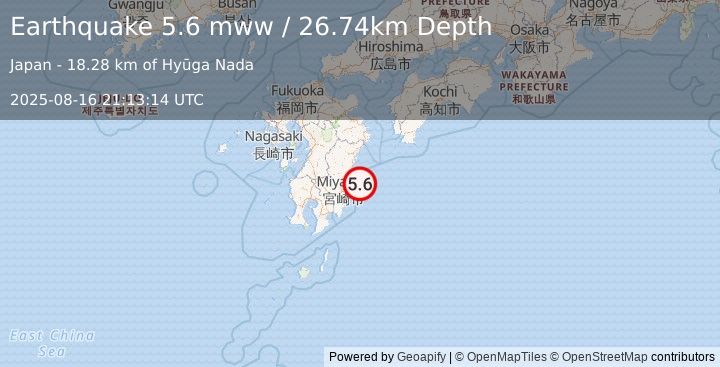 Earthquake 28 km ESE of Takanabe, Japan (5.6 mww) (2025-08-16 21:13:14 UTC)
