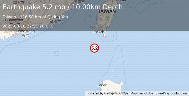 Earthquake 129 km SW of Hengchun, Taiwan (5.2 mb) (2025-08-16 22:51:28 UTC)