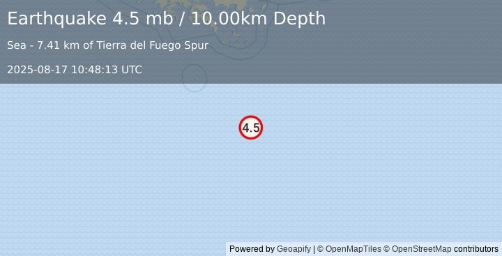 Earthquake 295 km SSE of Ushuaia, Argentina (4.5 mb) (2025-08-17 10:48:13 UTC)