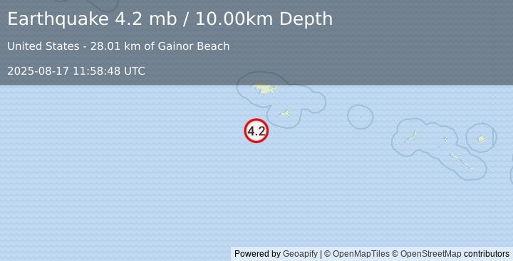 Earthquake 88 km SSW of Attu Station, Alaska (4.2 mb) (2025-08-17 11:58:48 UTC)