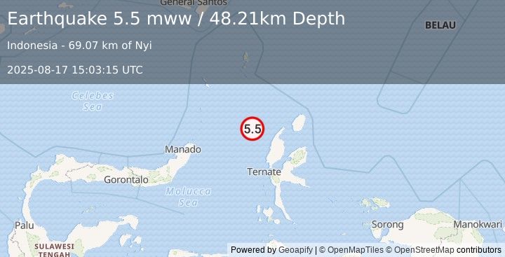 Earthquake 118 km WNW of Tobelo, Indonesia (5.5 mww) (2025-08-17 15:03:15 UTC)