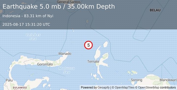 Earthquake 130 km WNW of Tobelo, Indonesia (5.0 mb) (2025-08-17 15:31:20 UTC)