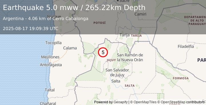 Earthquake 71 km W of Abra Pampa, Argentina (5.0 mww) (2025-08-17 19:09:39 UTC)