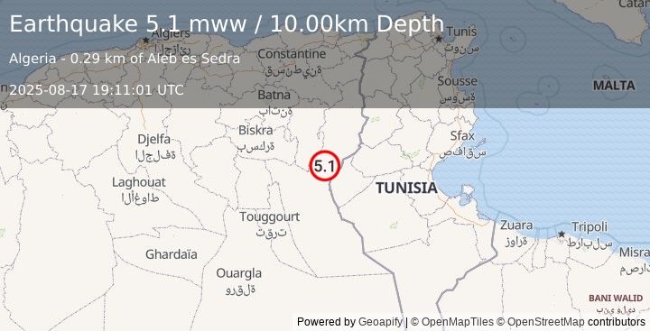 Earthquake 47 km W of Chebika, Tunisia (5.1 mww) (2025-08-17 19:11:01 UTC)
