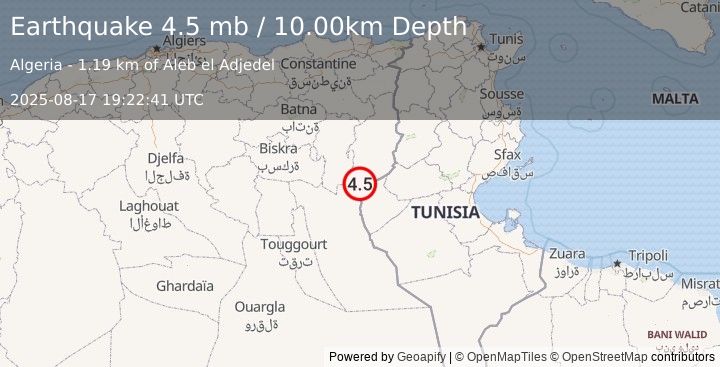 Earthquake 38 km W of Chebika, Tunisia (4.5 mb) (2025-08-17 19:22:41 UTC)