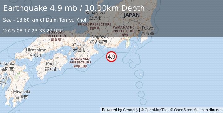 Earthquake 61 km S of Iwata, Japan (4.9 mb) (2025-08-17 23:33:27 UTC)