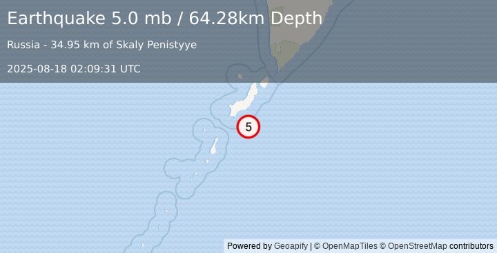 Earthquake 93 km SSW of Severo-Kuril’sk, Russia (5.0 mb) (2025-08-18 02:09:31 UTC)