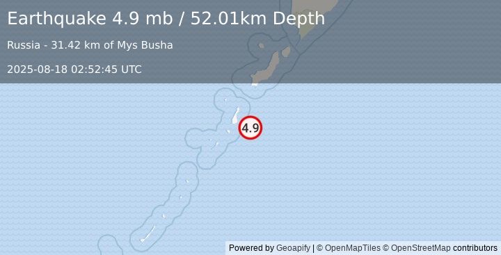 Earthquake 175 km SSW of Severo-Kuril’sk, Russia (4.9 mb) (2025-08-18 02:52:45 UTC)