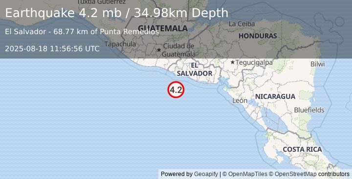 Earthquake 76 km S of Acajutla, El Salvador (4.2 mb) (2025-08-18 11:56:56 UTC)