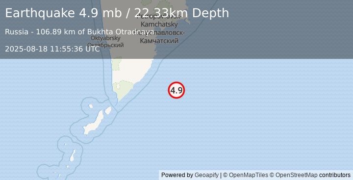 Earthquake 192 km SSE of Vilyuchinsk, Russia (4.9 mb) (2025-08-18 11:55:36 UTC)