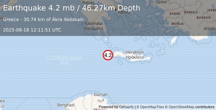 Earthquake 46 km W of Palaióchora, Greece (4.2 mb) (2025-08-18 12:11:51 UTC)