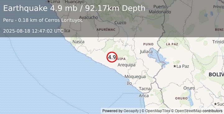 Earthquake 6 km ESE of Iray, Peru (4.9 mb) (2025-08-18 12:47:02 UTC)