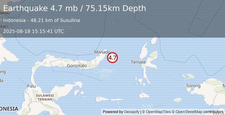 Earthquake 61 km SE of Bitung, Indonesia (4.7 mb) (2025-08-18 15:15:41 UTC)