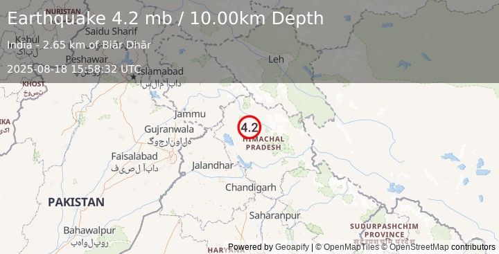 Earthquake 32 km NNE of Pālampur, India (4.2 mb) (2025-08-18 15:58:32 UTC)