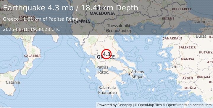 Earthquake 6 km SW of Anávra, Greece (4.3 mb) (2025-08-18 19:38:28 UTC)