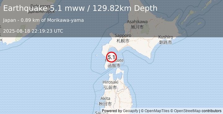 Earthquake 23 km NW of Honchō, Japan (5.1 mww) (2025-08-18 22:19:23 UTC)