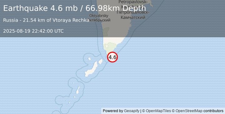 Earthquake 78 km SE of Ozernovskiy, Russia (4.6 mb) (2025-08-19 22:42:00 UTC)