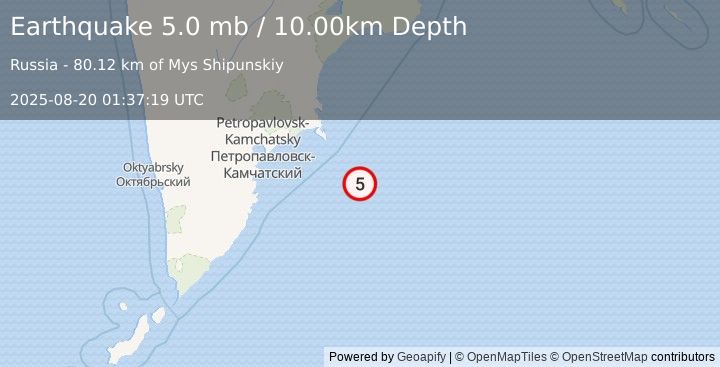 Earthquake 156 km ESE of Petropavlovsk-Kamchatsky, Russia (5.0 mb) (2025-08-20 01:37:19 UTC)