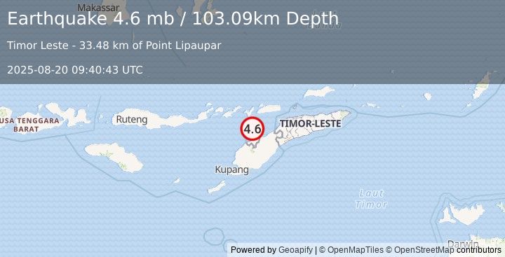 Earthquake 35 km NNW of Pante Makasar, Timor Leste (4.6 mb) (2025-08-20 09:40:43 UTC)