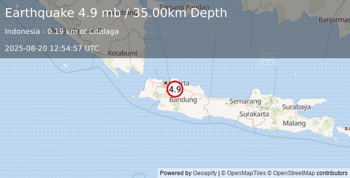 Earthquake 23 km SSE of Cikarang, Indonesia (4.9 mb) (2025-08-20 12:54:57 UTC)