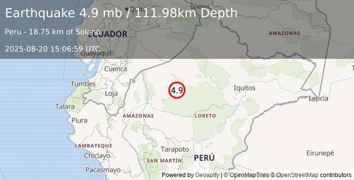 Earthquake 45 km SSE of Alianza Cristiana, Peru (4.9 mb) (2025-08-20 15:06:59 UTC)
