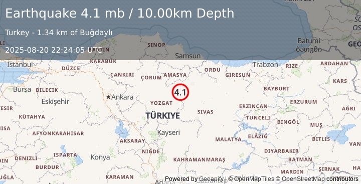Earthquake 11 km NNW of Sulusaray, Turkey (4.1 mb) (2025-08-20 22:24:05 UTC)