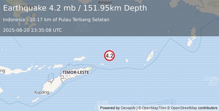 Earthquake 197 km ENE of Lospalos, Timor Leste (4.2 mb) (2025-08-20 23:35:08 UTC)