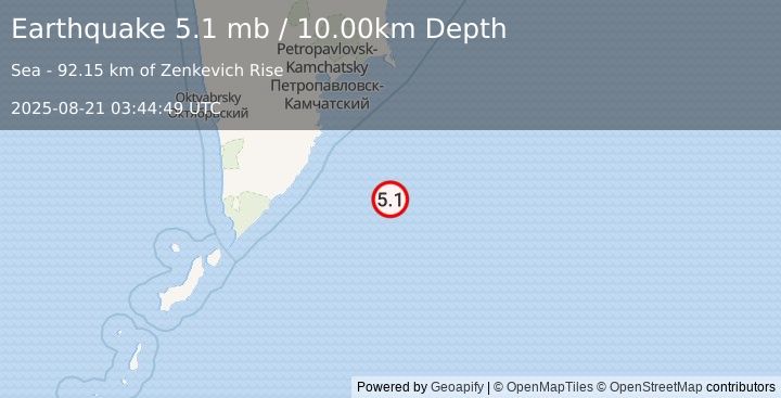 Earthquake 191 km SSE of Vilyuchinsk, Russia (5.1 mb) (2025-08-21 03:44:49 UTC)
