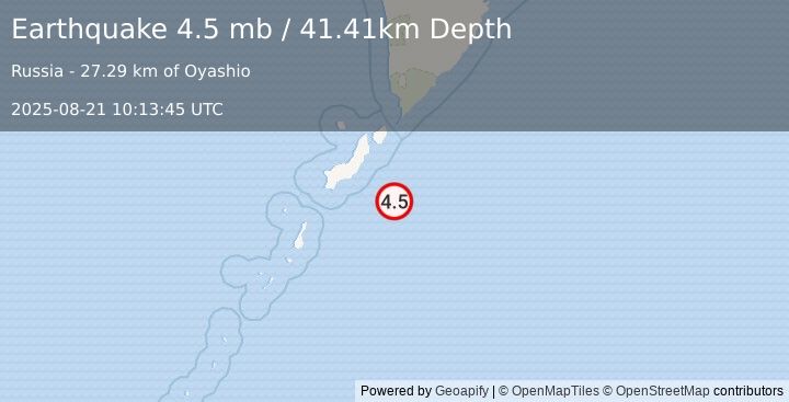Earthquake 93 km SSE of Severo-Kuril’sk, Russia (4.5 mb) (2025-08-21 10:13:45 UTC)