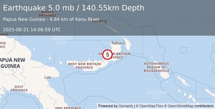 Earthquake 124 km SW of Kokopo, Papua New Guinea (5.0 mb) (2025-08-21 14:06:59 UTC)