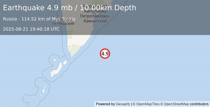 Earthquake 204 km ESE of Ozernovskiy, Russia (4.9 mb) (2025-08-21 19:40:18 UTC)
