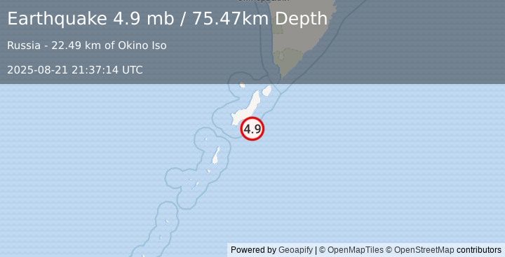 Earthquake 77 km SSW of Severo-Kuril’sk, Russia (4.9 mb) (2025-08-21 21:37:14 UTC)