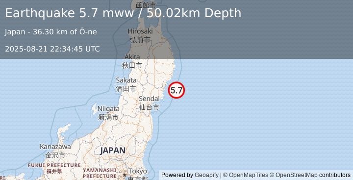 Earthquake 51 km SE of Ōfunato, Japan (5.7 mww) (2025-08-21 22:34:45 UTC)