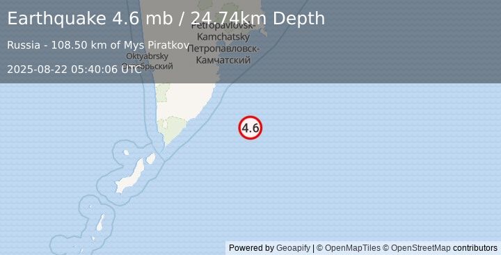 Earthquake 189 km SSE of Vilyuchinsk, Russia (4.6 mb) (2025-08-22 05:40:06 UTC)