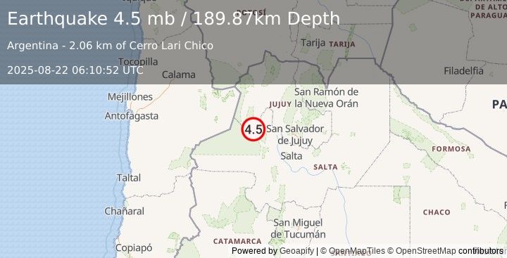 Earthquake 34 km NW of San Antonio de los Cobres, Argentina (4.5 mb) (2025-08-22 06:10:52 UTC)