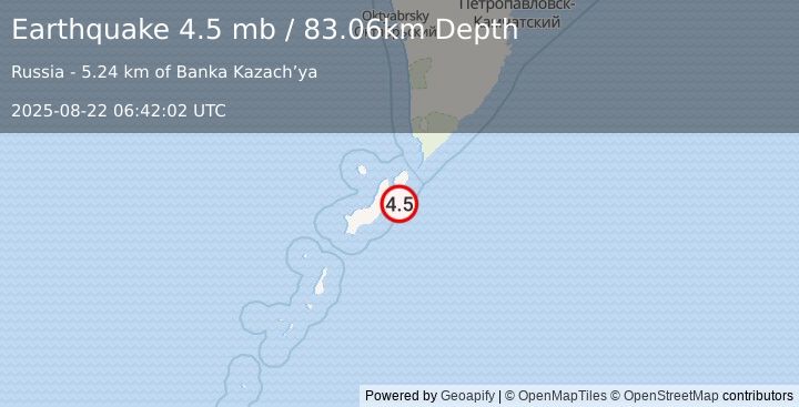 Earthquake 29 km SSE of Severo-Kuril’sk, Russia (4.5 mb) (2025-08-22 06:42:02 UTC)