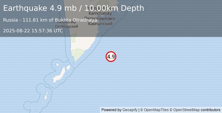 Earthquake 201 km SSE of Vilyuchinsk, Russia (4.9 mb) (2025-08-22 15:57:36 UTC)