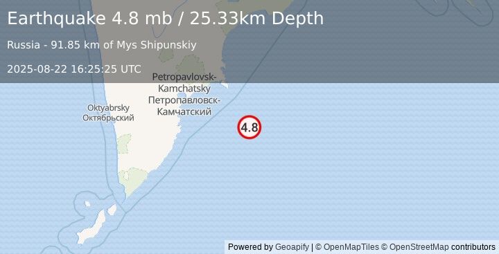 Earthquake 160 km ESE of Petropavlovsk-Kamchatsky, Russia (4.8 mb) (2025-08-22 16:25:25 UTC)
